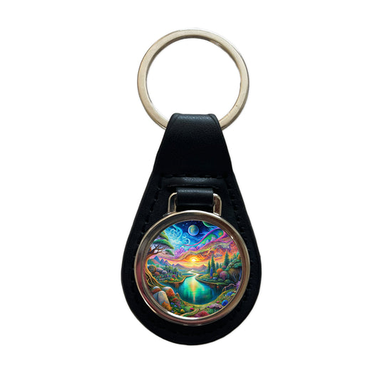 Psychedelic Nature Lake Vibrant Colors Black Leather Metal Keychain