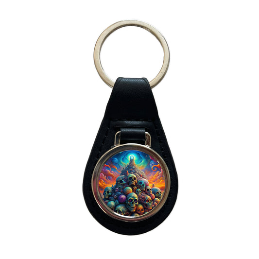 Psychedelic Pile Of Skulls Vibrant Colors Black Leather Metal Keychain