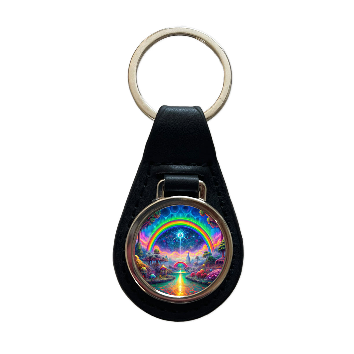 Psychedelic Rainbow Scene Black Leather Metal Keychain