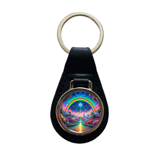 Psychedelic Rainbow Scene Black Leather Metal Keychain