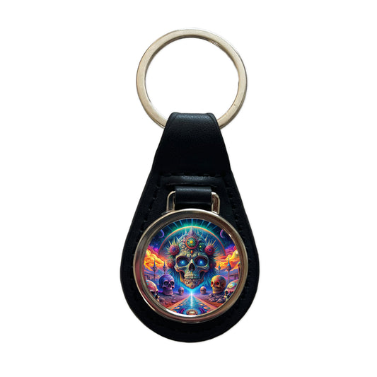 Psychedelic Skulls Design Black Leather Metal Keychain