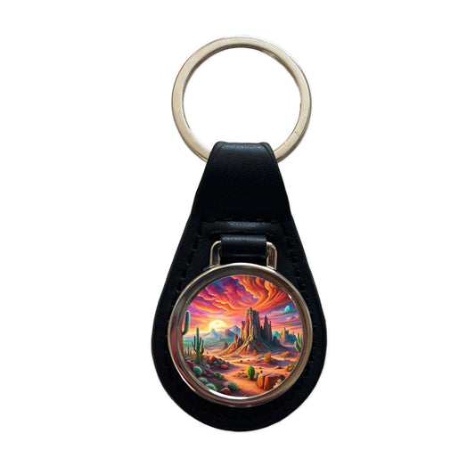 Psychedelic Southwest Desert Scene Black Leather Metal Keychain