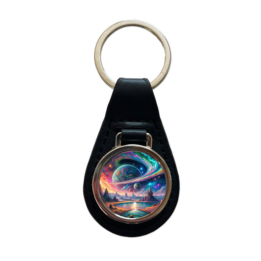 Psychedelic Space Galaxy Planet Vibrant Colors Black Leather Metal Keychain