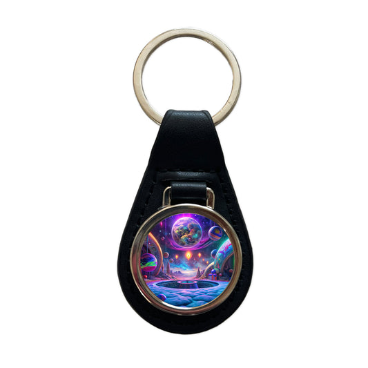 Psychedelic Space Planets Design Black Leather Metal Keychain