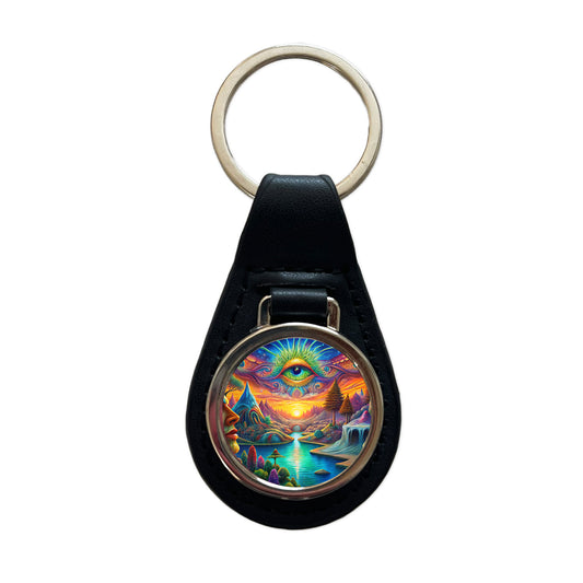 Psychedelic Trippy Artsy Design Black Leather Metal Keychain