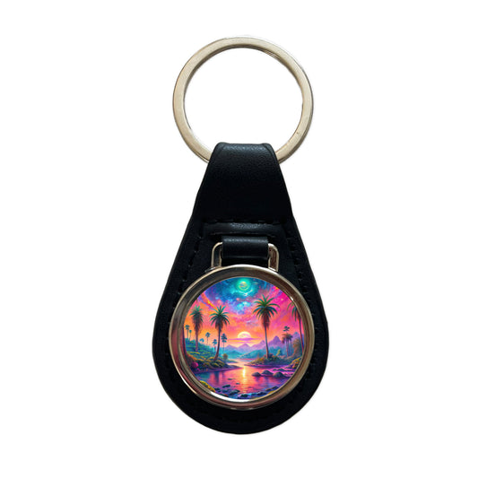 Psychedelic Tropical Palm Trees Colorful Scene Black Leather Metal Keychain