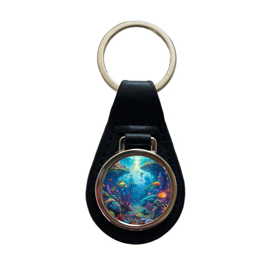 Psychedelic Underwater Ocean Scene Black Leather Metal Keychain