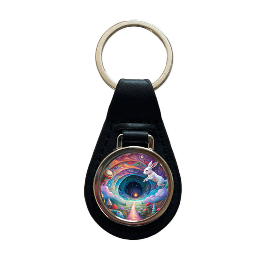 Psychedelic Wonderland White Rabbit Going Down The Hole Black Leather Metal Keychain