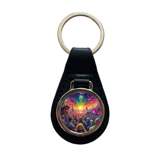 Psychedelic Zombie Outbreak Black Leather Metal Keychain