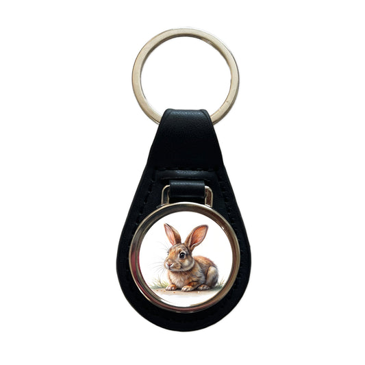 Rabbit Bunny Illustration Black Leather Metal Keychain
