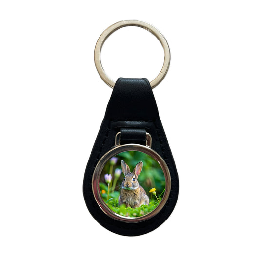 Rabbit Bunny Photo Black Leather Metal Keychain