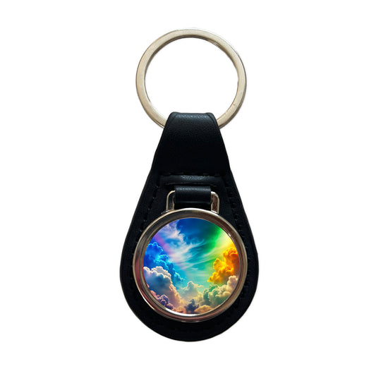 Rainbow Clouds Black Leather Metal Keychain