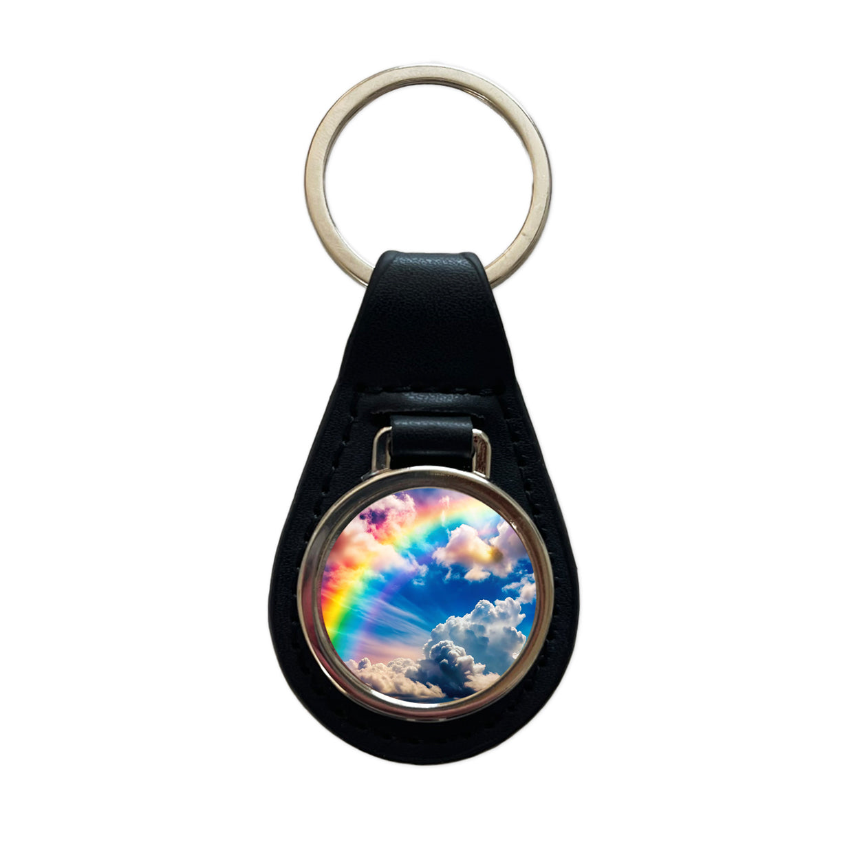 Rainbow in Cloudy Sky Black Leather Metal Keychain