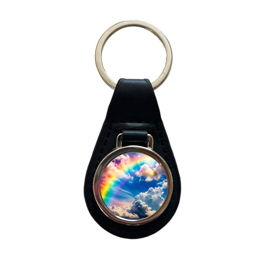 Rainbow in Cloudy Sky Black Leather Metal Keychain