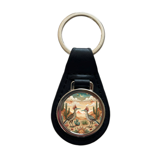 Southwestern Desert Tribal Roadrunners Design Black Leather Metal Keychain