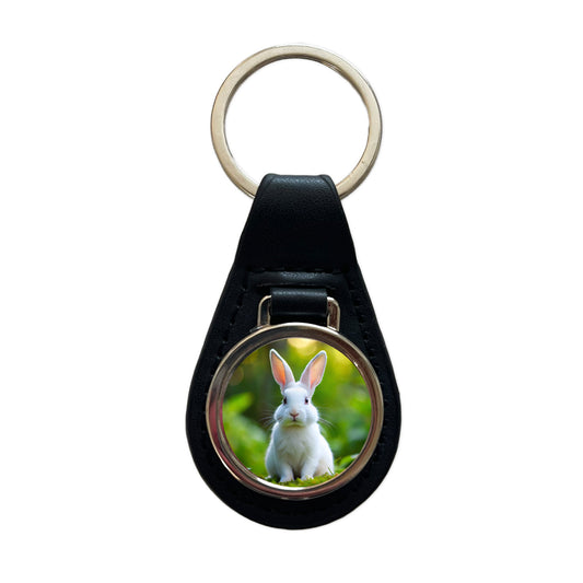 White Bunny Rabbit Black Leather Metal Keychain