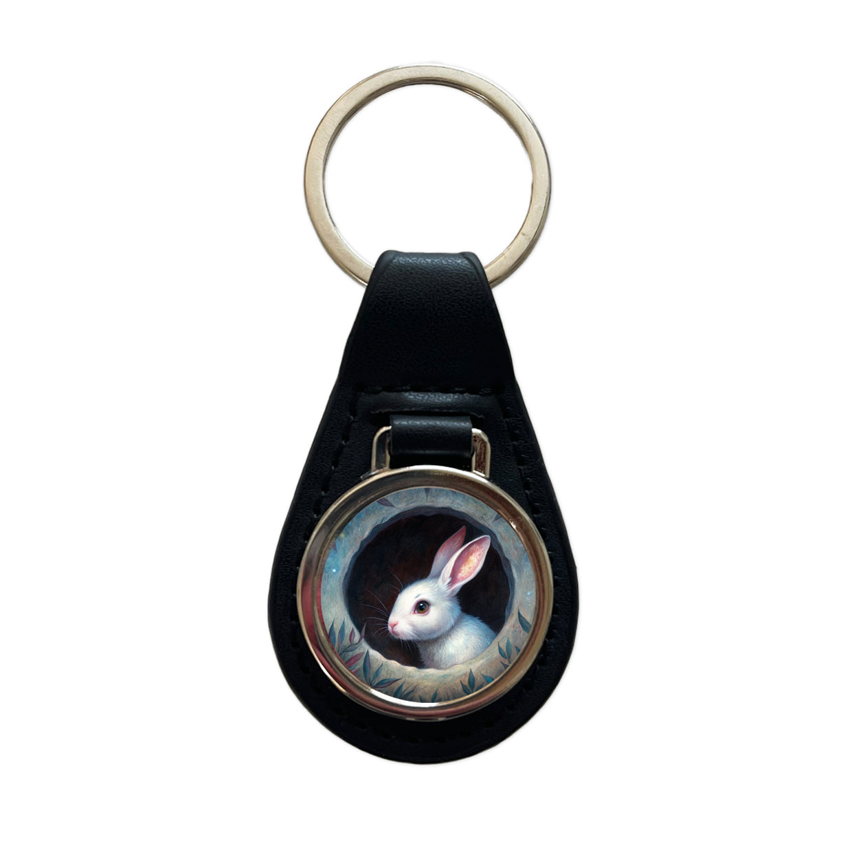 White Rabbit Bunny In A Dark Hole Black Leather Metal Keychain