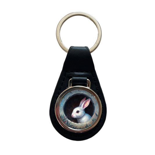 White Rabbit Bunny In A Dark Hole Black Leather Metal Keychain