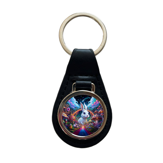 White Rabbit Psychedelic Trippy Wonderland Design Black Leather Metal Keychain