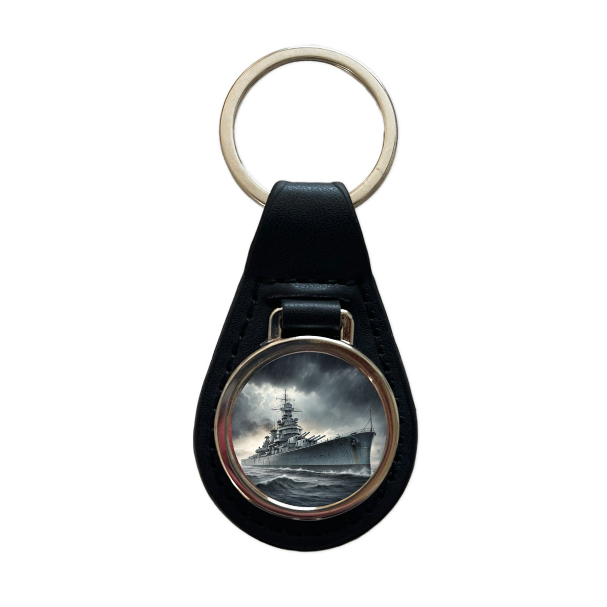 WWII Battleship At Sea Black Leather Metal Keychain