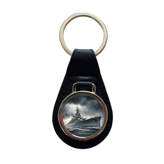 WWII Battleship At Sea Black Leather Metal Keychain