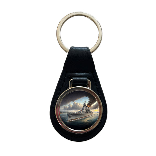 WWII Heavy Cruiser Black Leather Metal Keychain