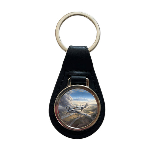 WWII Mustang Fighter Plane In Flight Black Leather Metal Keychain