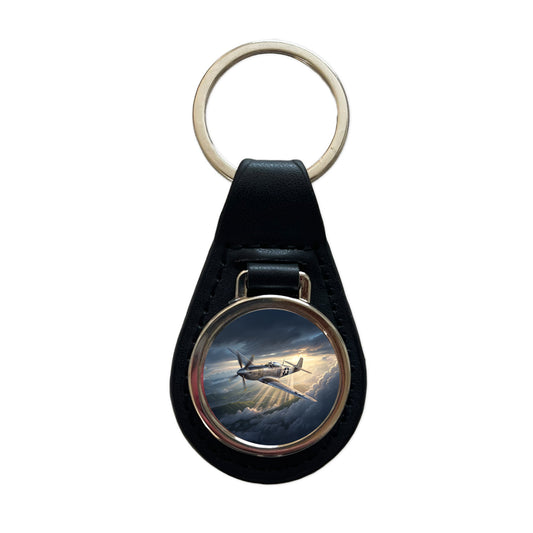 WWII Mustang US Air Force Fighter Plane In Flight Black Leather Metal Keychain