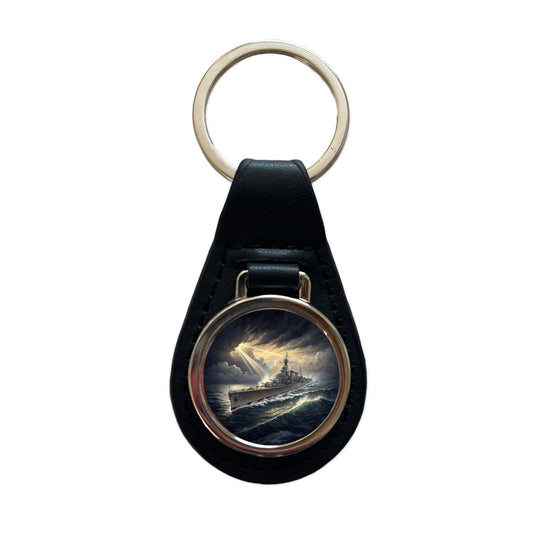 WWII Navy Destroyer After Storm Black Leather Metal Keychain
