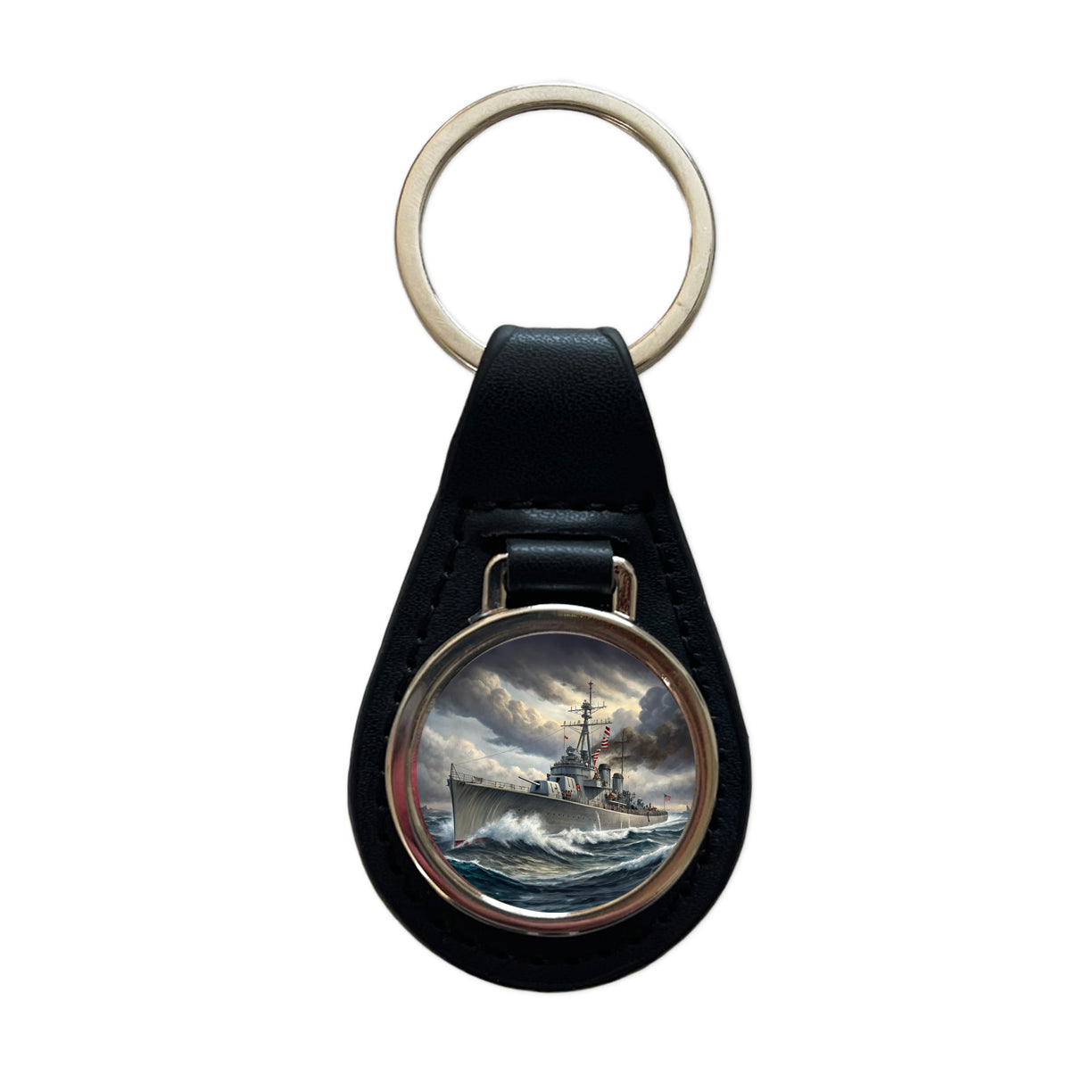 WWII Navy Destroyer Black Leather Metal Keychain