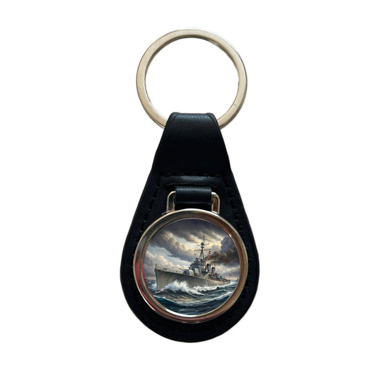 WWII Navy Destroyer Black Leather Metal Keychain