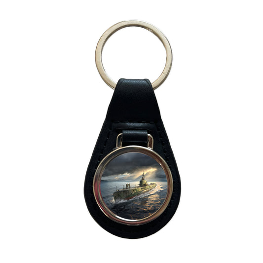 WWII Submarine Running On Surface Black Leather Metal Keychain