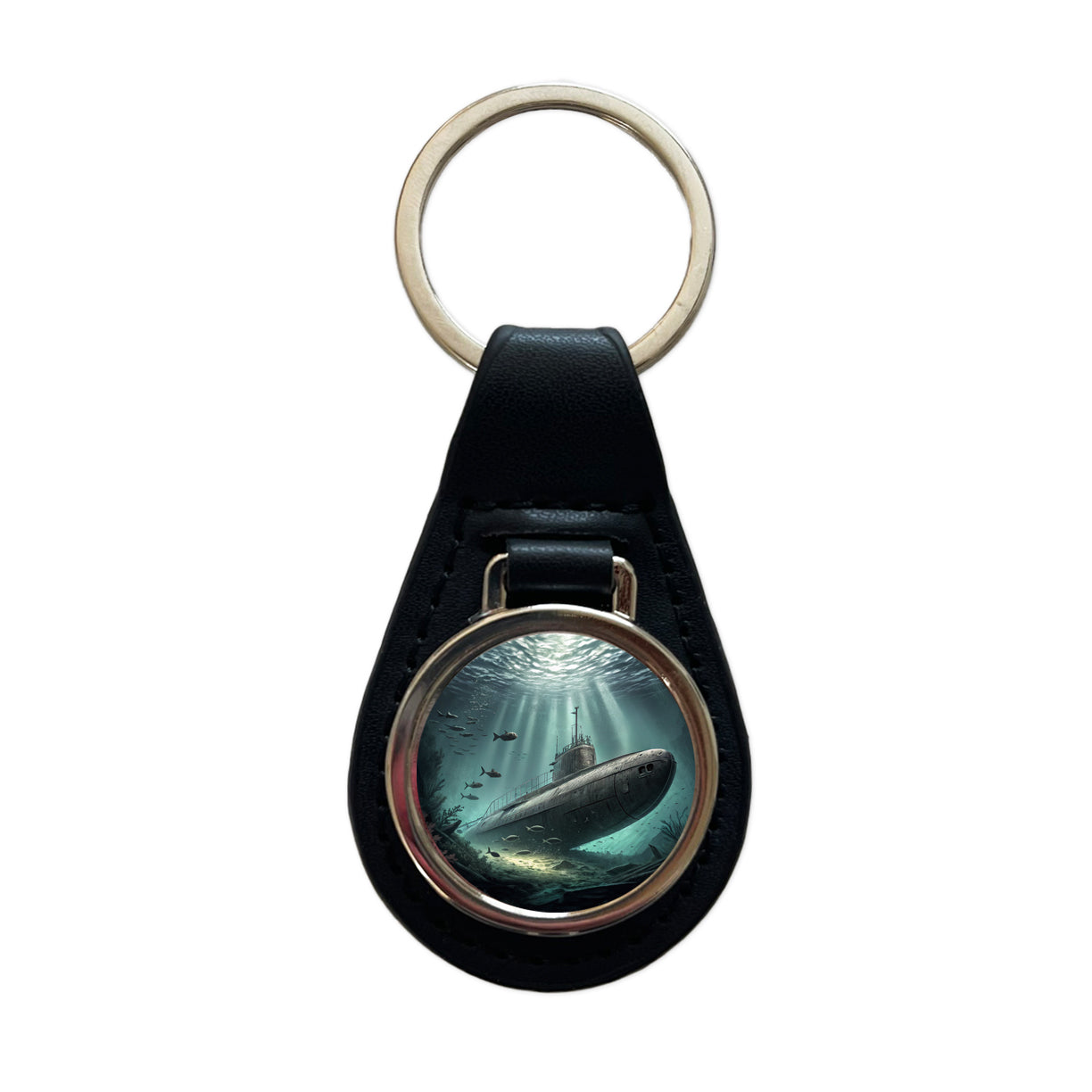 WWII Submarine Submerged Underwater Black Leather Metal Keychain