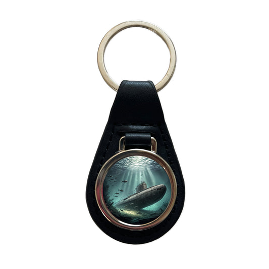 WWII Submarine Submerged Underwater Black Leather Metal Keychain