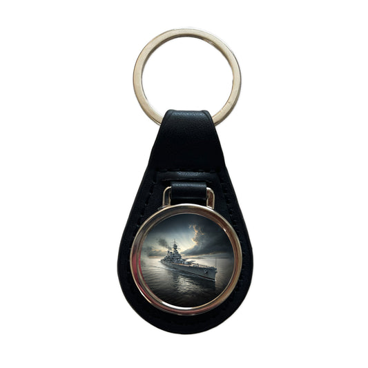 WWII US Navy Battleship At Sea Black Leather Metal Keychain