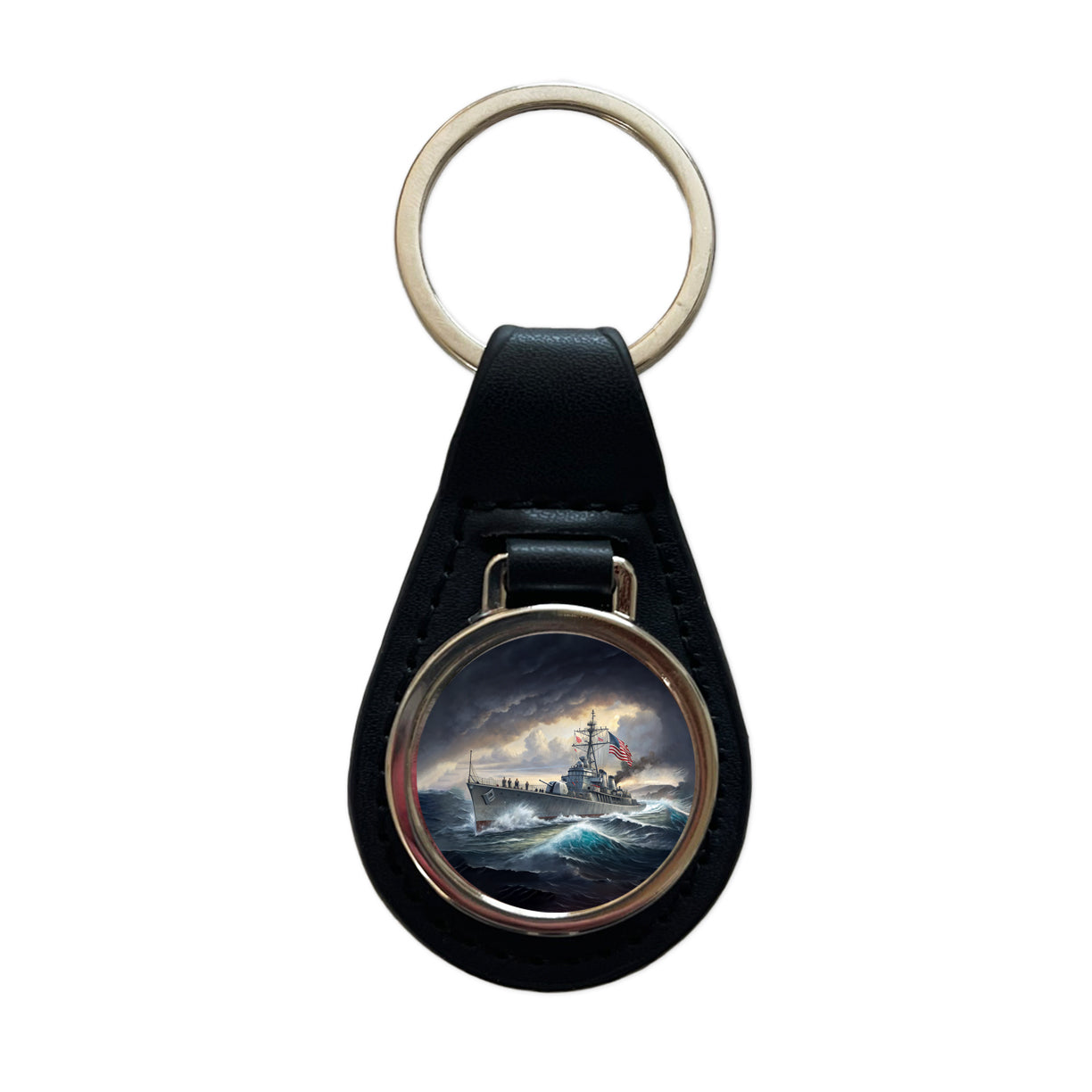 WWII US Navy Destroyer at Sea Black Leather Metal Keychain