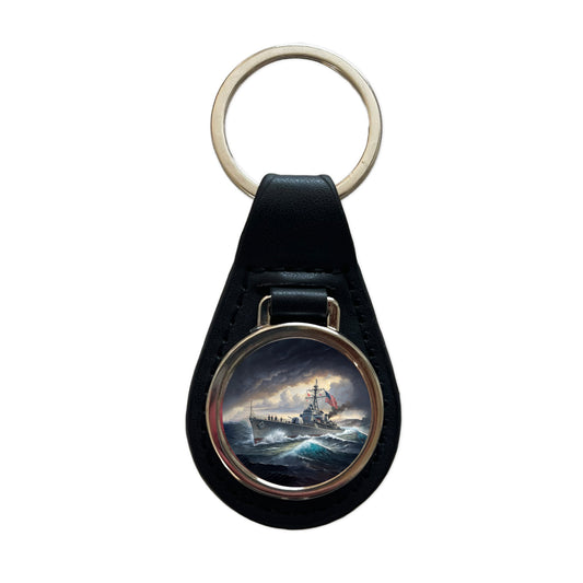 WWII US Navy Destroyer at Sea Black Leather Metal Keychain