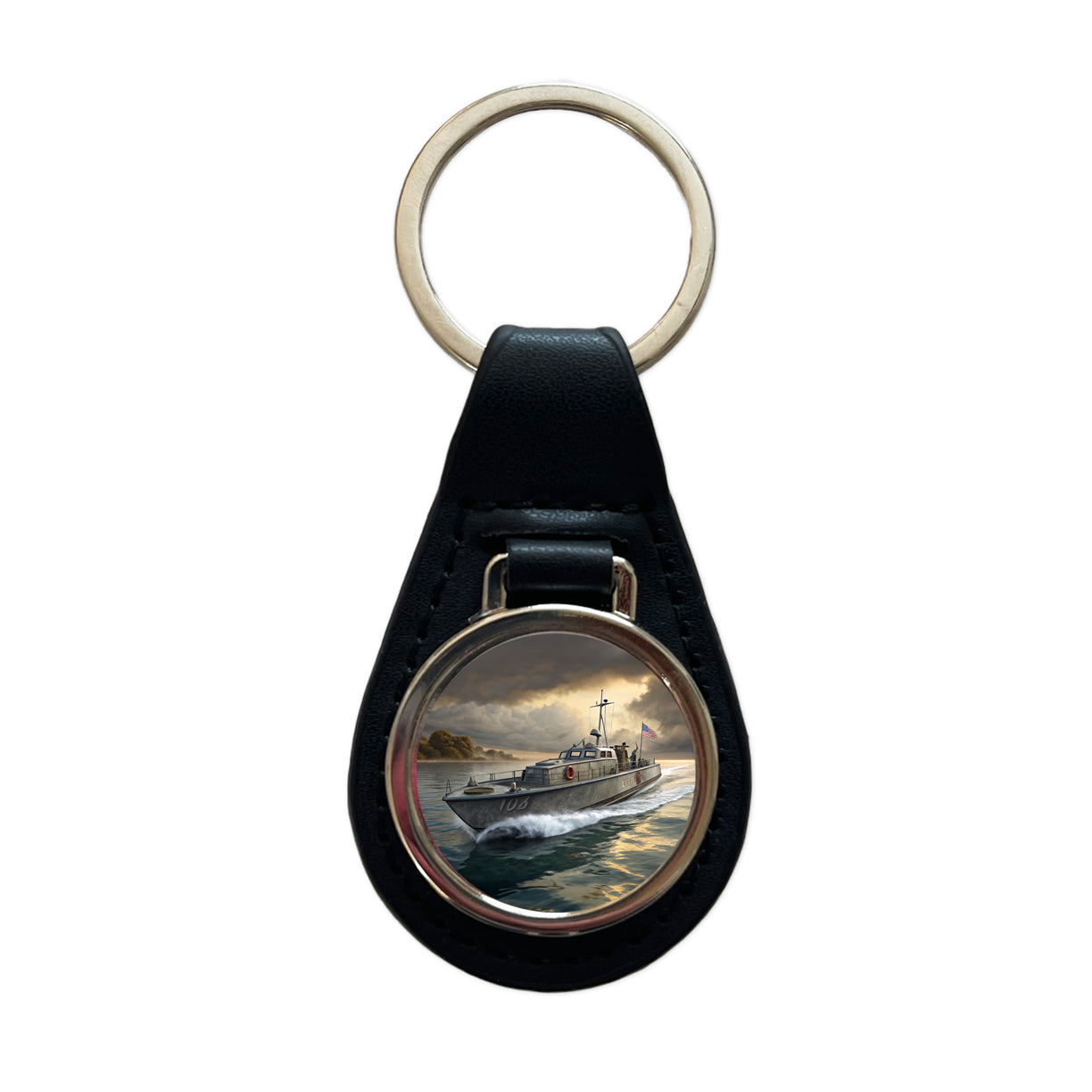 WWII US Navy PT Patrol Boat Black Leather Metal Keychain