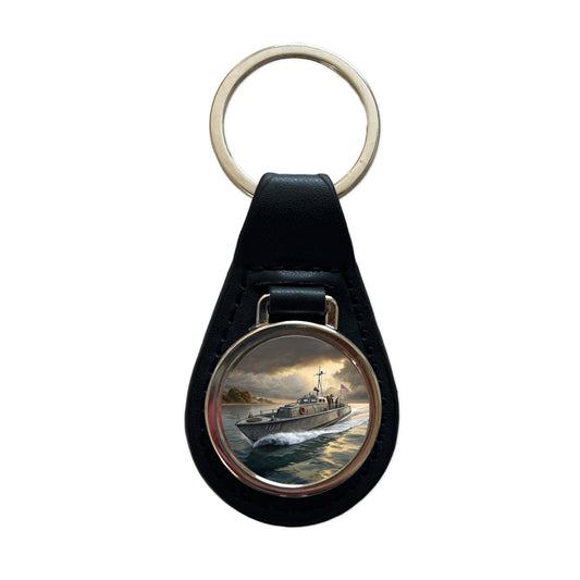 WWII US Navy PT Patrol Boat Black Leather Metal Keychain