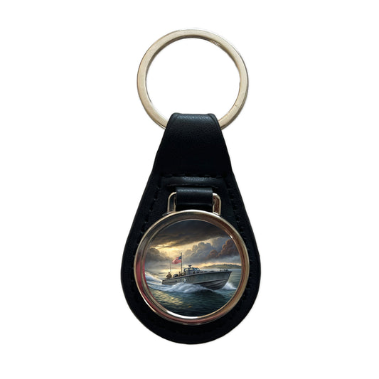 WWII US Navy PT Torpedo Boat Black Leather Metal Keychain
