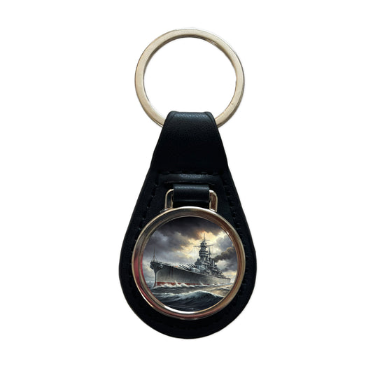 WWII Yamato-Class Battleship At Sea Black Leather Metal Keychain