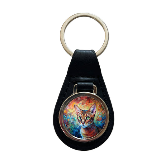 Abyssinian Cat Abstract Art Black Leather Metal Keychain