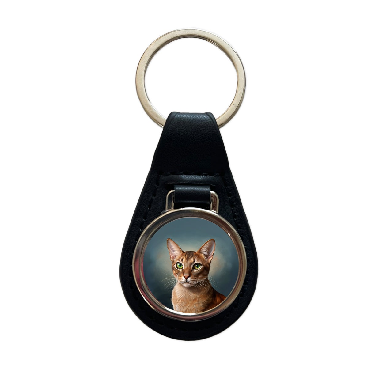 Abyssinian Cat Illustration Black Leather Metal Keychain