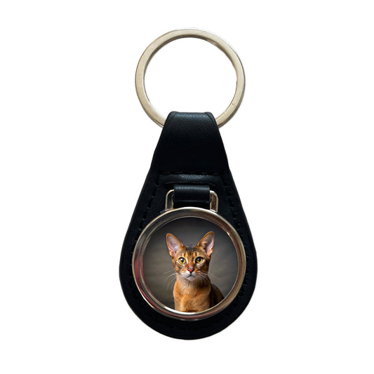 Abyssinian Cat Photo Black Leather Metal Keychain
