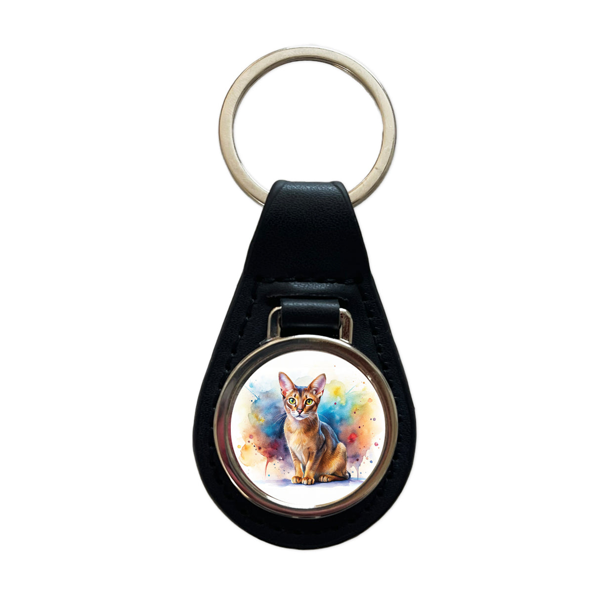 Abyssinian Cat Watercolor Style Black Leather Metal Keychain