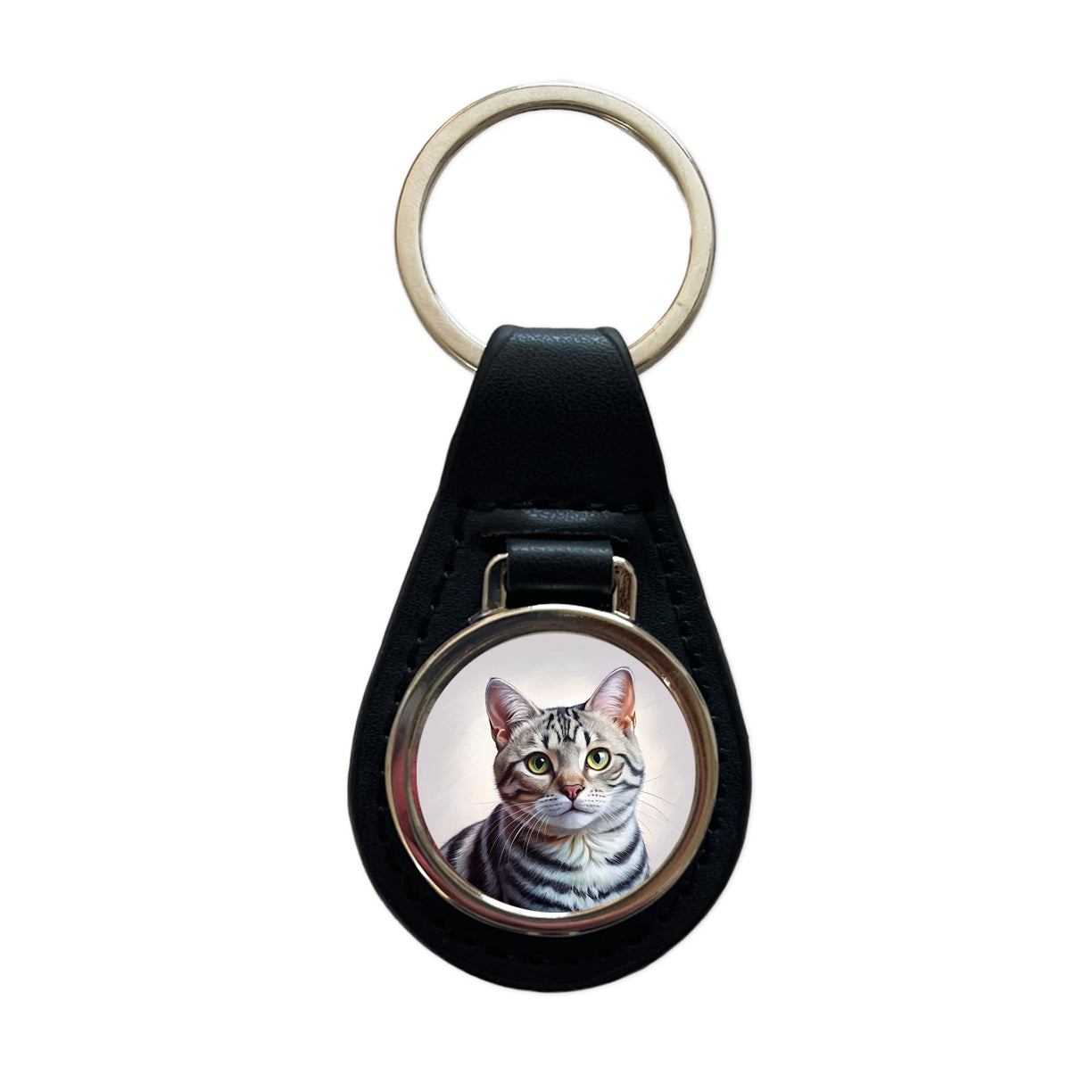 American Shorthair Cat Illustration Black Leather Metal Keychain