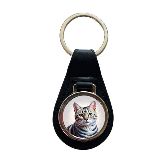 American Shorthair Cat Illustration Black Leather Metal Keychain