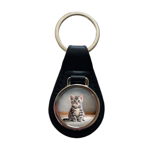 American Shorthair Cat Kitten Photo Black Leather Metal Keychain
