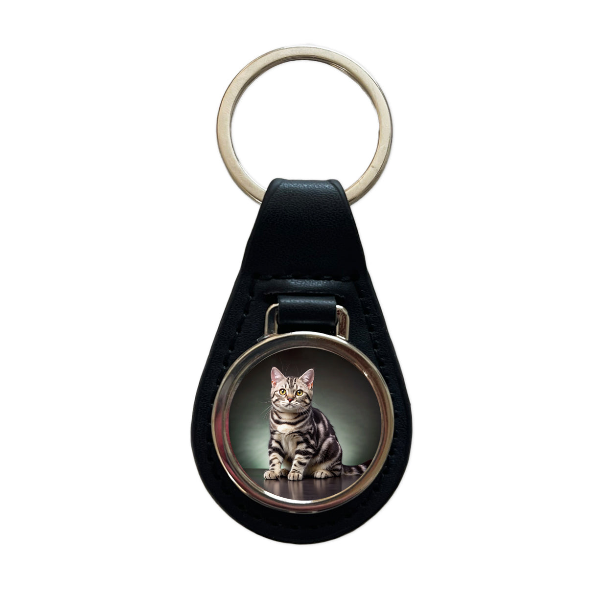 American Shorthair Cat Photo Black Leather Metal Keychain