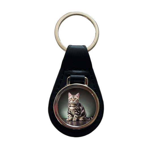 American Shorthair Cat Photo Black Leather Metal Keychain